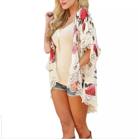 GORGEOUS FLORAL LACE CHIFFON COVERUP TOP BLOUSE - Picture 2 of 3